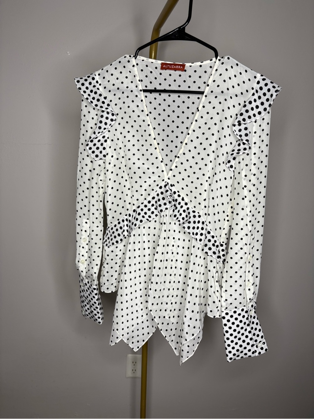 Altuzarra White and Black Polka Dot Ruffle V-Neck Blouse - Picture 2 of 3